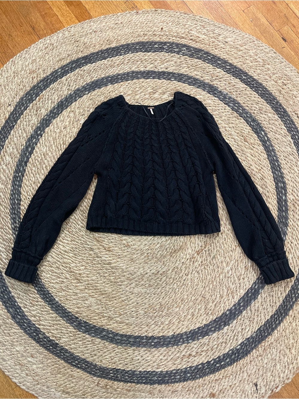 Free People Black Cable Knit Scoop-Neck Sweater